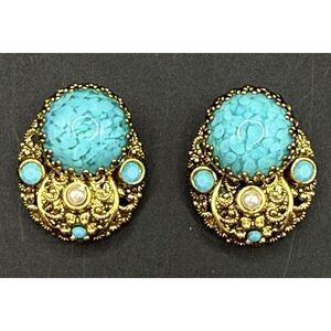 West Germany Vintage Faux Turquoise Pearl Filigree Gold Tone Clip On Earrings